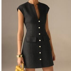 Commense NEW tweed sleeveless buttondown mini dress woven black preppy office